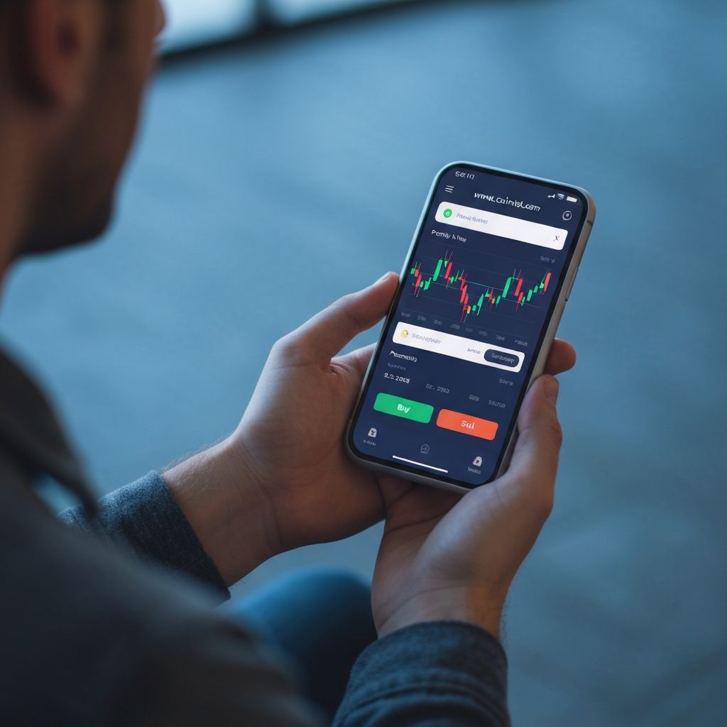 Person using OKX mobile trading app showing portfolio and price charts on smartphone