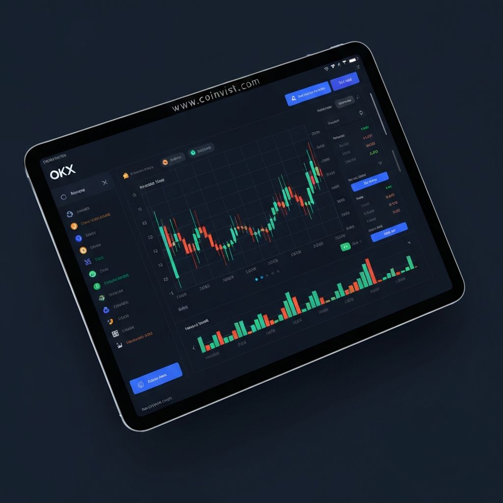 OKX cryptocurrency exchange trading platform interface showing price charts and order book on multiple devices