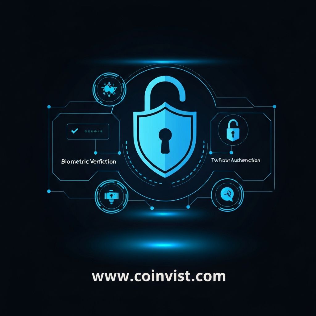 Digital security concept showing cryptocurrency exchange protection with shield lock and biometric verification