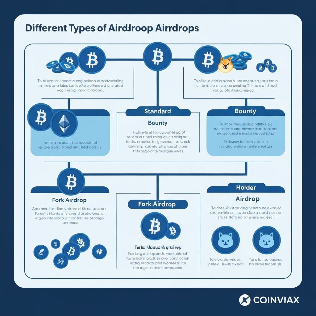 Different types of cryptocurrency airdrops including standard, bounty, holder, and retroactive airdrops
