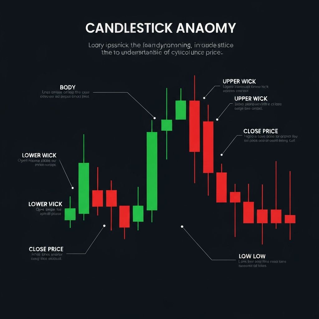 Educational diagram explaining cryptocurrency candlestick anatomy with labeled bullish and bearish candles showing open, close, high, low, body, and wick components