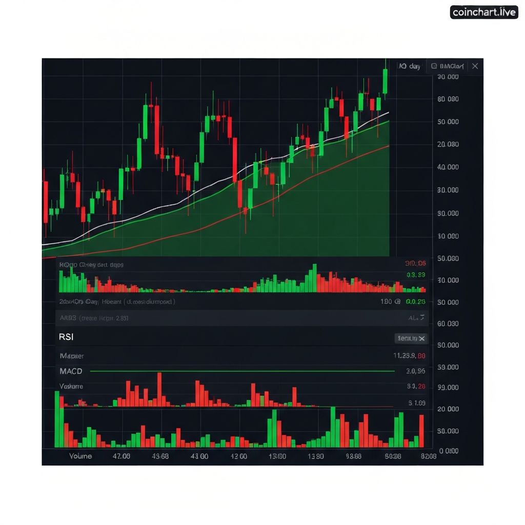 Cryptocurrency trading chart displaying multiple technical indicators including moving averages, RSI, MACD, Bollinger Bands, and volume analysis on a Bitcoin price chart