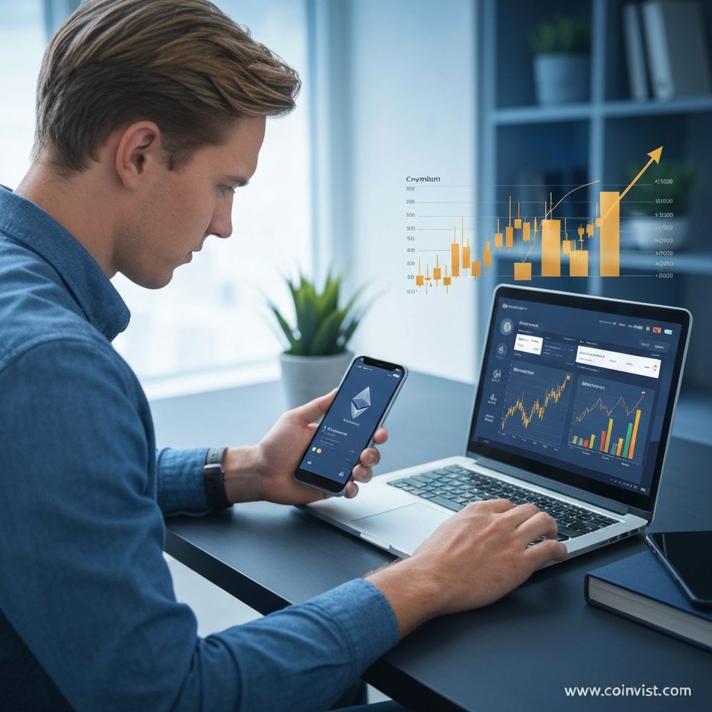 Person analyzing cryptocurrency investment charts on laptop showing Bitcoin and Ethereum growth