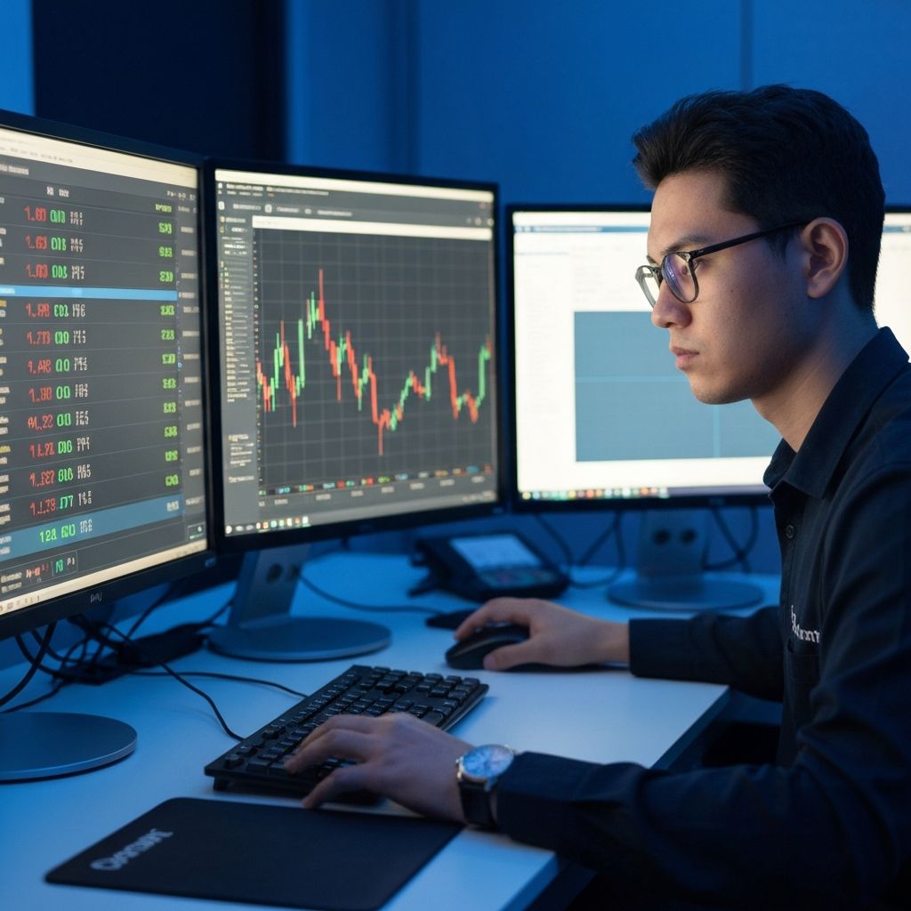 Cryptocurrency trading charts displayed on multiple monitors showing candlestick patterns and technical indicators for Bitcoin and Ethereum analysis