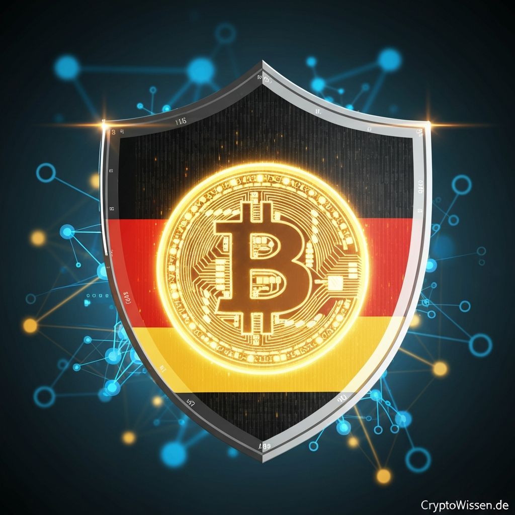 Cryptocurrency recovery concept showing German legal system and blockchain security elements representing the process of recovering stolen digital assets