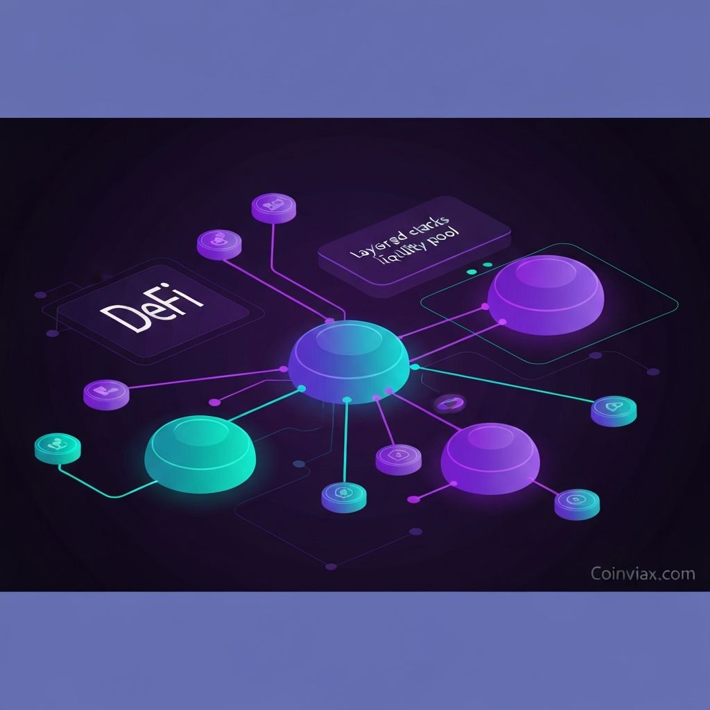 Abstract visualization of DeFi protocol layers showing liquidity pools and yield farming ecosystem