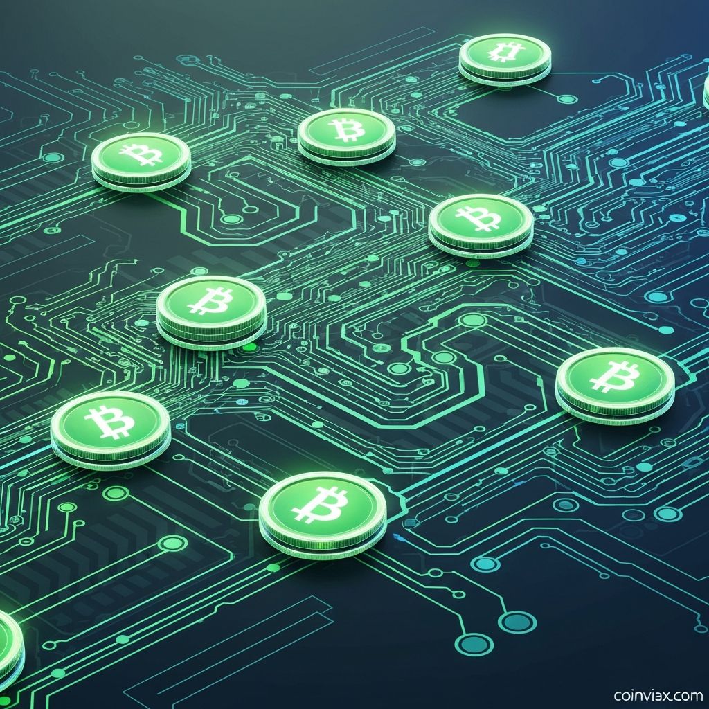 Decentralized finance network visualization showing interconnected blockchain nodes and digital asset flows