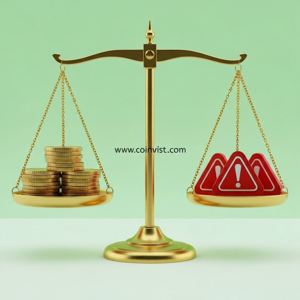 Cryptocurrency risk assessment visualization with balance scale showing risk versus reward