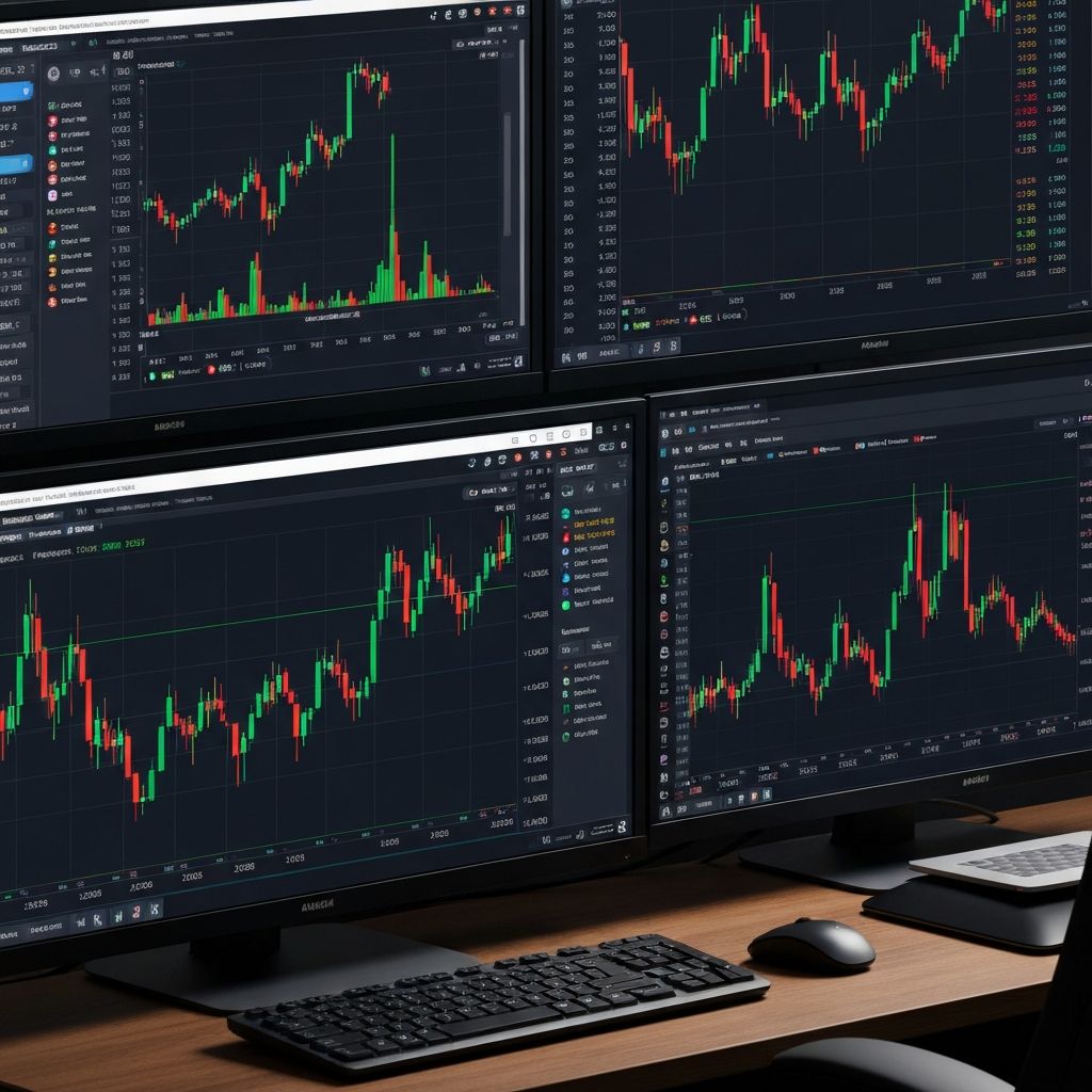 Cryptocurrency market analysis with trading screens showing price charts and indicators